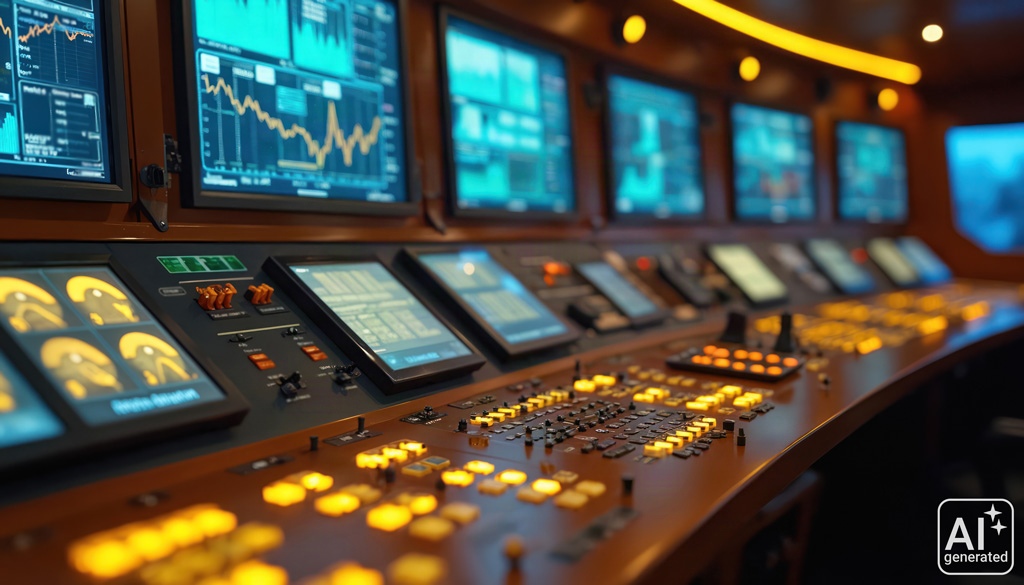 Vessel control room with navigation equipment, monitoring systems, radar. Vessel dashboard with radar, sonar data. Maritime tech, communication, operation. Modern control room with navigation